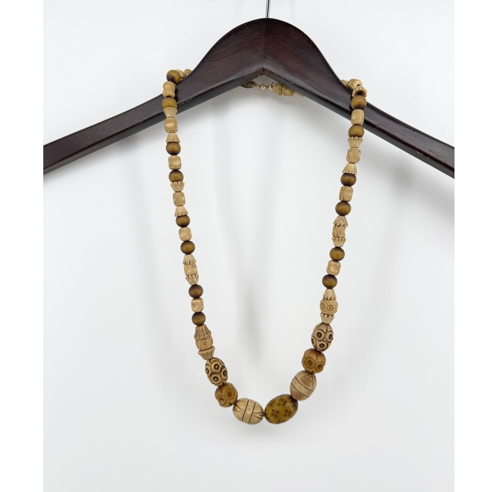 Vintage Hand Carved Beaded Necklace‎ Brown Tan Earthy Boho Statement